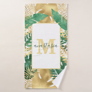 Monogramm moderner goldgrüner tropischer Blätter Badhandtuch Set