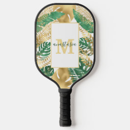 Monogramm moderner goldgrüner tropischer Blätter Pickleball Schläger