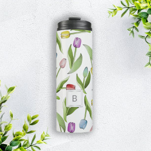 Monogramm Modernes Farbige Tulpen Blumenmuster Thermosbecher