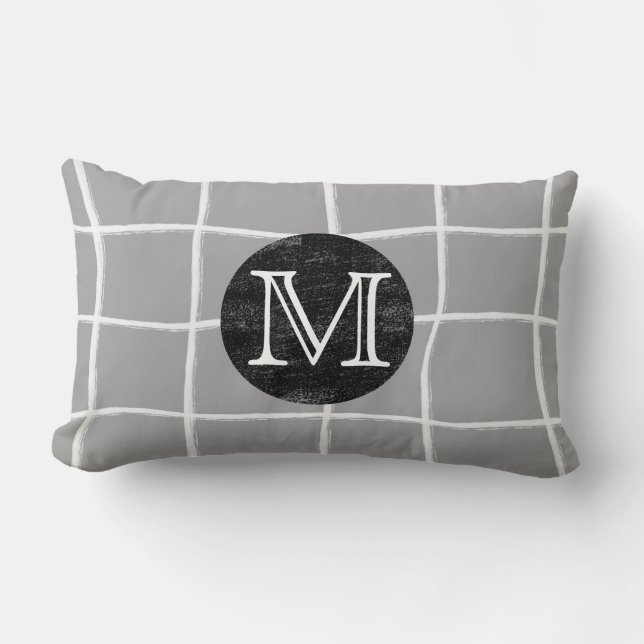 Monogramm modernes Rastermuster-Design grau Lendenkissen (Vorderseite)