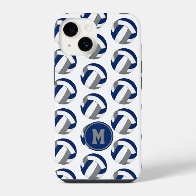 Monogramm Muster auf Volleybällen in Blau-Grau iPhone 14 Hülle (Rückseite)