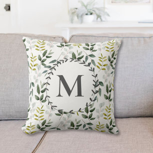 Monogramm Muster aus grünem tropischem Eukalyptus Kissen