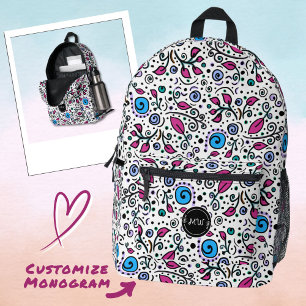 Monogramm Muster Blumen blau Wirbel Beere Weiß -  Bedruckter Rucksack
