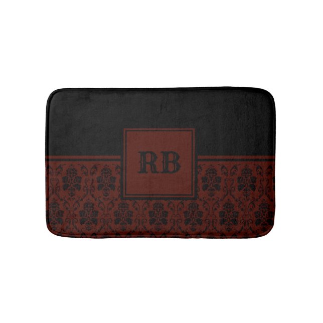 Monogramm-Muster für Burgund und schwarze Damasle Badematte (Vorderseite)