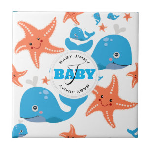 Monogramm-Muster für Wale und Starfish Baby Fliese
