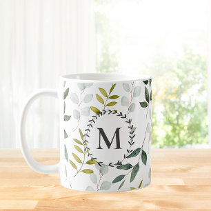 Monogramm Muster mit grünen Blättern im Wasserfarb Kaffeetasse
