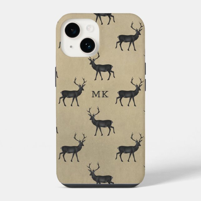 Monogramm Muster mit Hirsch in rustikalem Design iPhone 14 Hülle (Rückseite)
