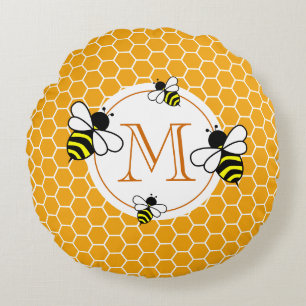 Monogramm-Muster mit Honigwaben und Bienen Rundes Kissen
