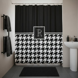 Monogramm-Muster mit Houndstooth Schwarz & Weiß Duschvorhang