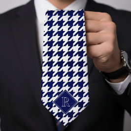 Monogramm Muster mit Houndstooth Weiß & Blau Holz Krawatte