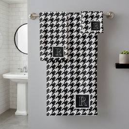 Monogramm Muster mit Hundszahnmuster Schwarz & Wei Badhandtuch Set