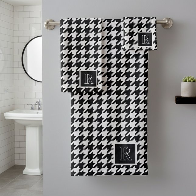Monogramm Muster mit Hundszahnmuster Schwarz & Wei Badhandtuch Set (Von Creator hochgeladen)