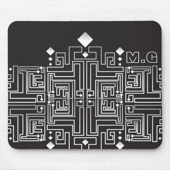 Monogramm Muster Schwarz-Weiß-Labyrinth Mousepad (Vorne)