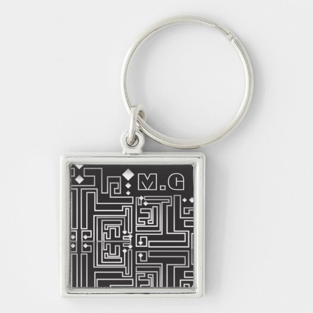 Monogramm Muster Schwarz-Weiß-Labyrinth Schlüsselanhänger (Vorne)