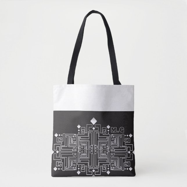 Monogramm Muster Schwarz-Weiß-Labyrinth Tasche (Vorderseite)