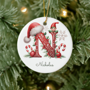 Monogramm N-Elfen-Weihnachtsbaumanhänger Keramik Ornament
