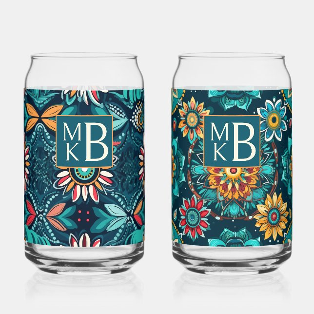 Monogramm nahtloser Boho-Druck farbenfroh  Dosenglas (Vorderseite)