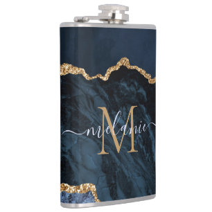 Monogramm Name Achat Navy Blau Gold Edelstein Marm Flachmann