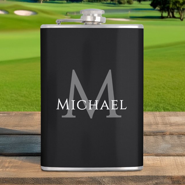 Monogramm-Name Anfangsbuchstabe Schwarz Grau Maßge Flachmann (Monogrammed Name Initial Black Gray Custom Flask)