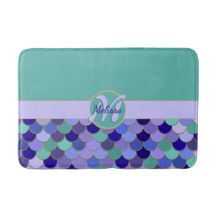 Monogramm + Name   Aqua Aquamarin & Lila Mermaid Badematte