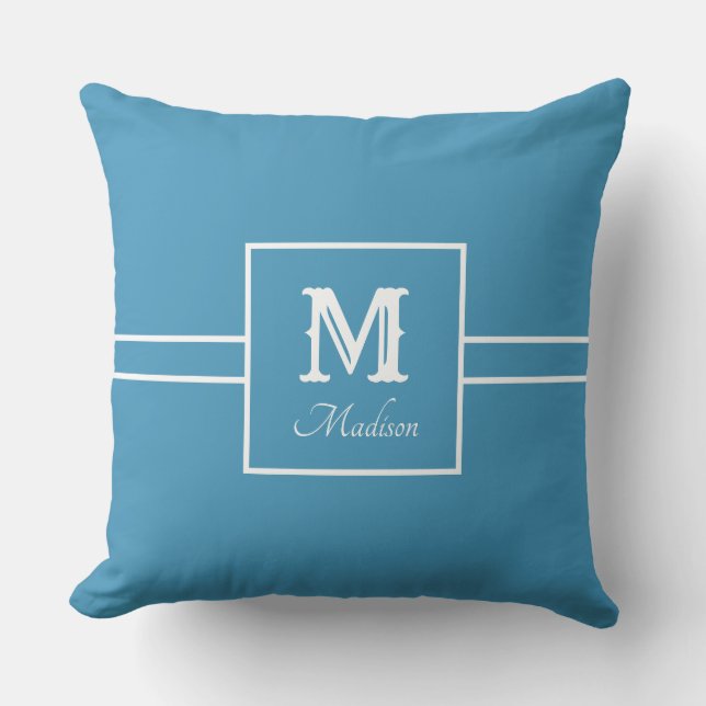 Monogramm Name Aquamarin und weißes Kissen (Vorderseite)