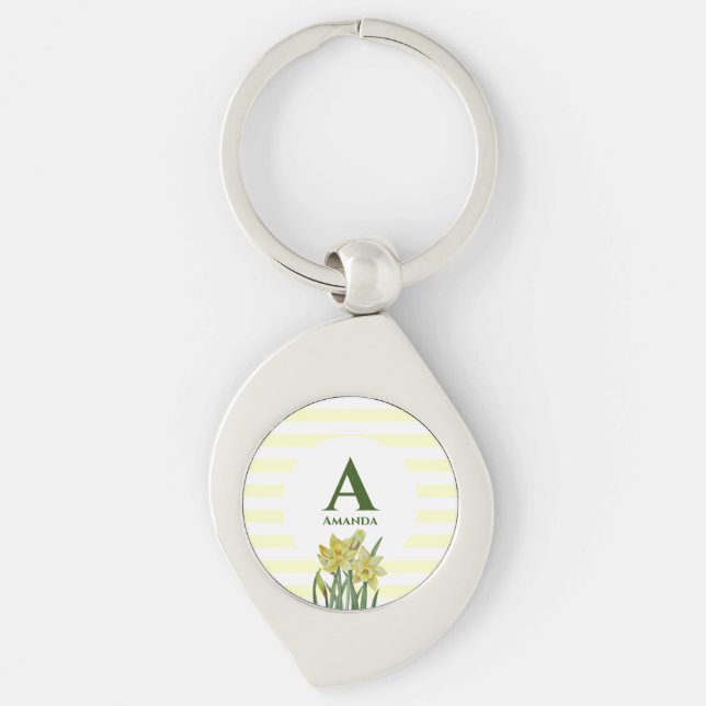 Monogramm Name Aquarellfarbe Gelbe Daffodien Strei Schlüsselanhänger (Vorderseite)