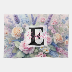 Monogramm-Name auf Aquarell-Blumen in Pastellfarbe Geschirrtuch