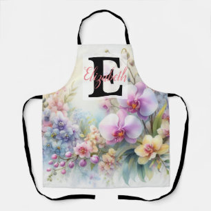 Monogramm-Name auf Aquarell-Blumen in Pastellfarbe Schürze