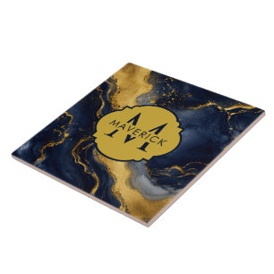 Monogramm-Name auf NavyGold-Abstract Marble FluidA Fliese