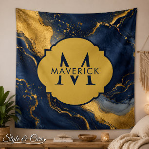 Monogramm-Name auf NavyGold-Abstract Marble FluidA Wandteppich