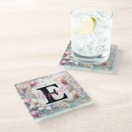 Monogramm-Name auf Wasserfarben-Blumen in Pastellf Glasuntersetzer