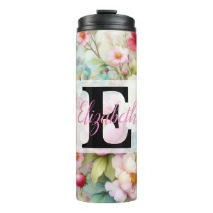 Monogramm-Name auf Wasserfarben-Blumen in Pastellf Thermosbecher