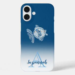Monogramm Name Blau Ombre Weiß Fisch Umriss iPhone 16 Plus Hülle