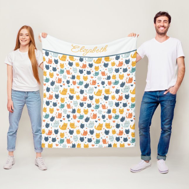 Monogramm Name Blau Orange Gelb Süße Katzen  Fleecedecke (Beispiel)