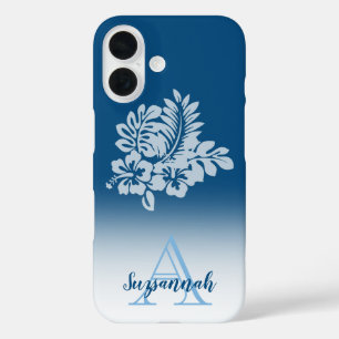 Monogramm Name Blaue Ombre-Tropische Hibiskusblüte iPhone 16 Hülle