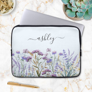 Monogramm Name Blumen Botanisch Lila Wildblume Laptopschutzhülle