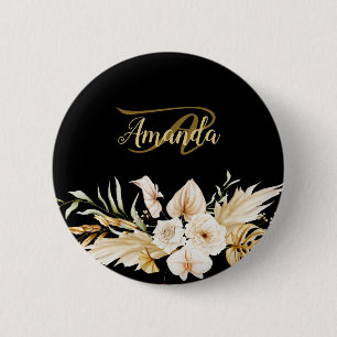 Monogramm Name Blumen Golden Schwarz Elegant Moder Button