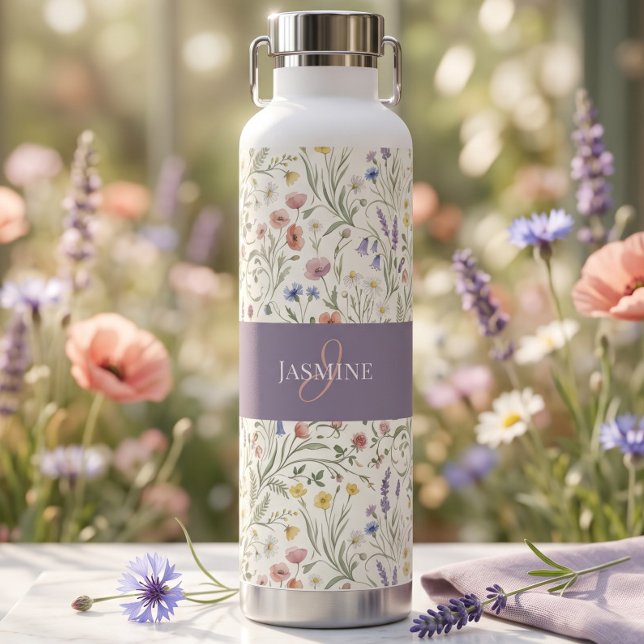 Monogramm Name Blumen Wildblume Boho Lavendel Chic Trinkflasche (Von Creator hochgeladen)