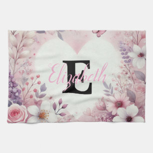 Monogramm-Name Blumenherzen romantische Wasserfarb Geschirrtuch