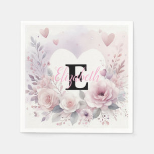 Monogramm-Name Blumenherzen romantische Wasserfarb Serviette