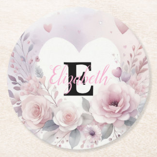 Monogramm-Name Blumenherzen romantisches Aquarell  Runder Pappuntersetzer