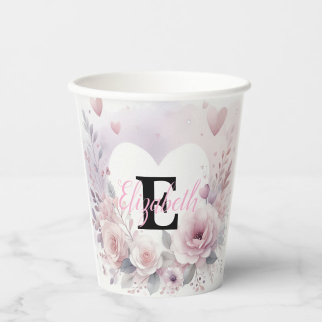 Monogramm-Name Blumenherzen romantisches Wasserfar Pappbecher (Vorderseite)