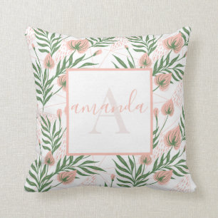 Monogramm Name Blumenmuster Rosa Grün Pastell Kissen