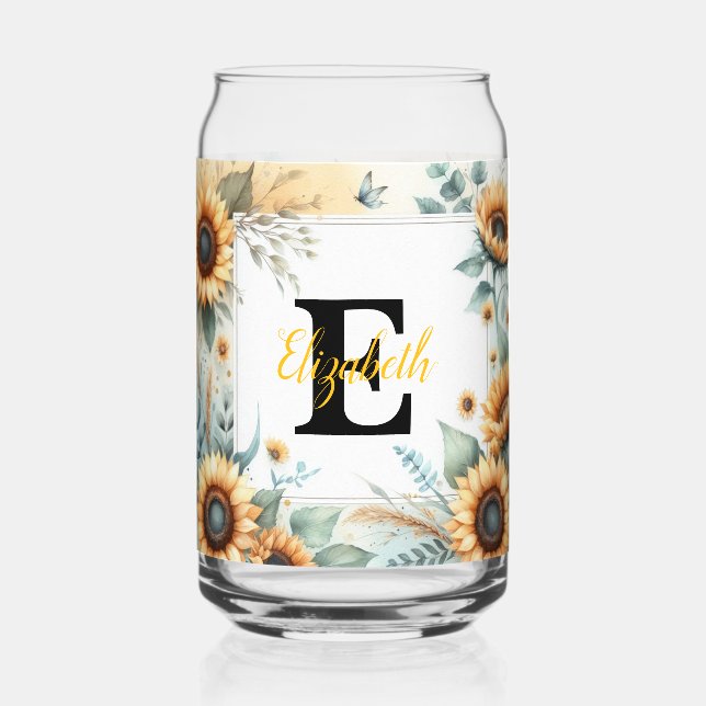 Monogramm Name Blumensonnenblume pastellfarben Dosenglas (Vorderseite)