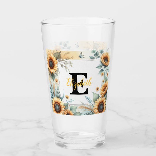 Monogramm Name Blumensonnenblume pastellfarben Glas (Vorderseite)