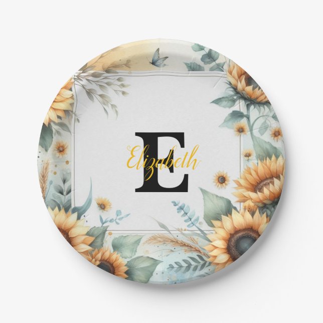 Monogramm Name Blumensonnenblume pastellfarben Pappteller (Vorderseite)