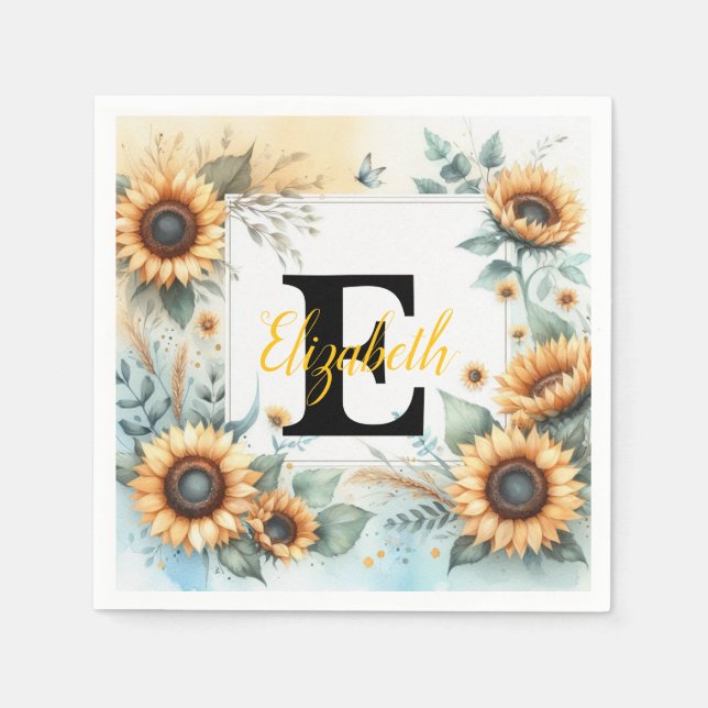 Monogramm Name Blumensonnenblume pastellfarben Serviette (Vorderseite)