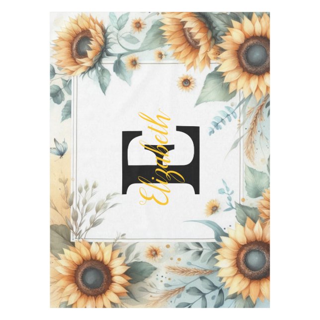 Monogramm Name Blumensonnenblume pastellfarben Tischdecke (Vorderseite)