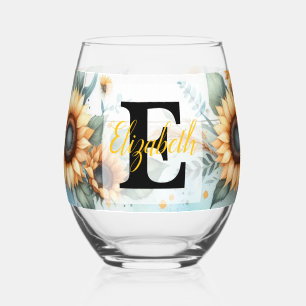 Monogramm Name Blumensonnenblume pastellfarben Weinglas Ohne Stiel