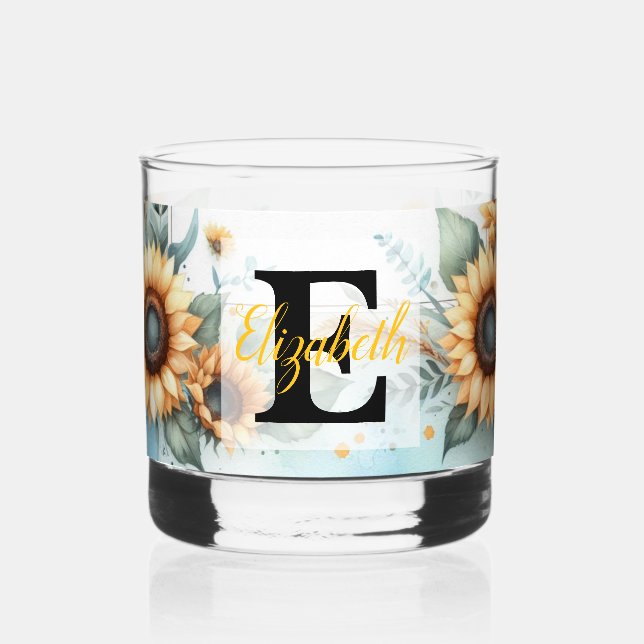 Monogramm Name Blumensonnenblume pastellfarben Whiskyglas (Vorderseite)